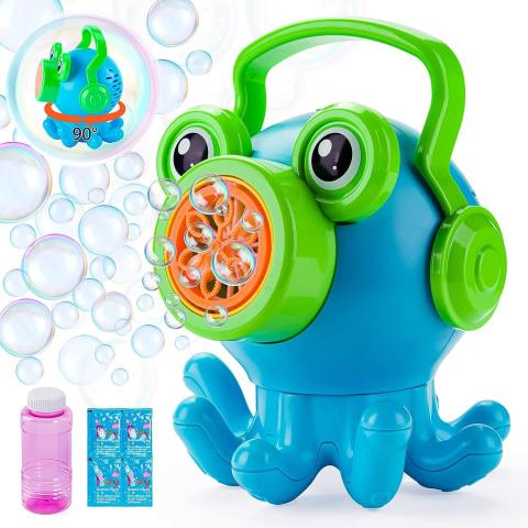 image of octopus bubble machine with bubbles.  image also shows container of bubble solution