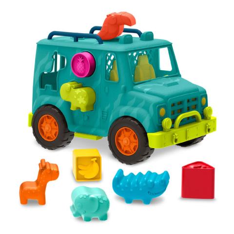 Bright Green/Blue truck with pre-cutout holes that fit the colorful animals and shapes.