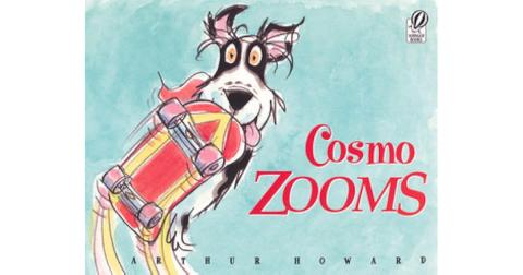 Cosmo the dog is on a skateboard