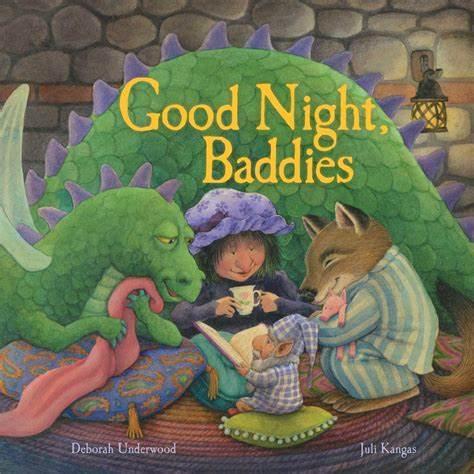 A witch reading to the big bad wolf and a dragon