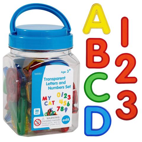 Contianer that the letters and numbers come in, showing relative size of the letters and numbers and different colors