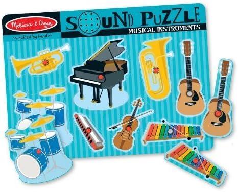 A wood puzzle with 8 different instruments