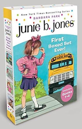 Junie B Jones giving side eye towards the reader and pinching her nose as a bus is coming towards her