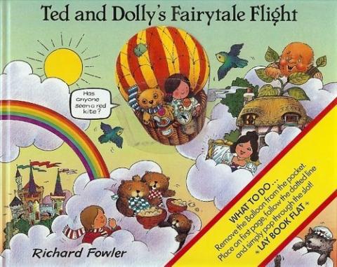 an air balloon in the sky with Dolly and Ted in the basket looking down at characters from common fairytale stories