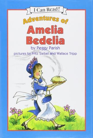 Amelia Bedelia walking holding a pie in front of her with a smile on her face