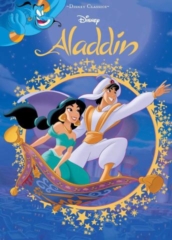 cover is the scene from the movie of Aladdin and Jasmine on the flying carpet and the genie in the corner looking at them