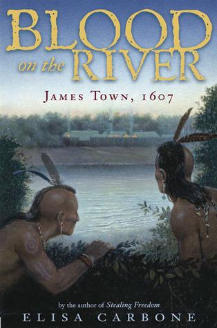 Two native Americans looking through bushes, at across a river where there is a wood settlement