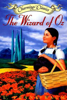 Dorothy holding toto in a basket smiling, looking into the distance while standing in a poppy field with the yellow brick road leading to a castle