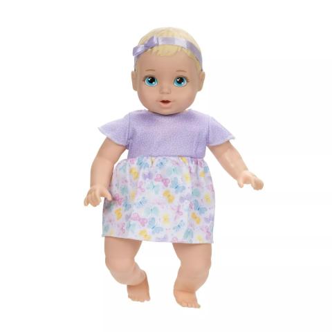 Blond Hair, Blue Eye, Baby Girl in a purple dress with butterfly skirt