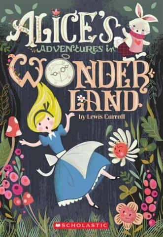 a cartoon illustration of Alice falling into wonderland