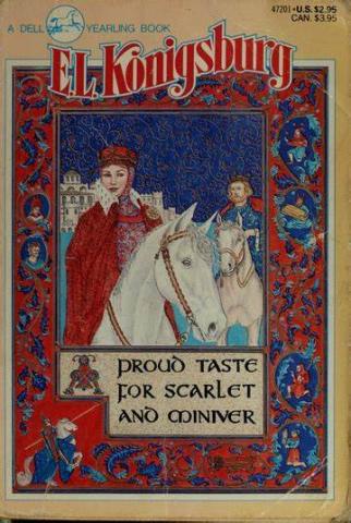 Medieval style art, of a lady in red riding a white horse with a man in the background that is riding a white horse as well