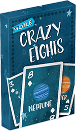 Crazy eights card game box, with a card with neptune on it on the front