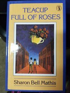 Two african american boys standing in the road between two sets of buildings, with a teacup full of roses in the sky floating