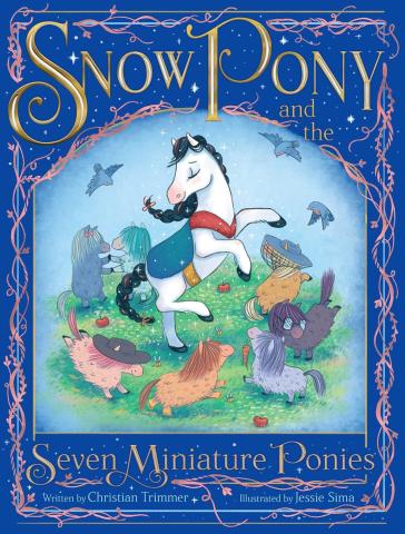 a fairytale cover with a white horse in the middle with seven littler ponies dancing around