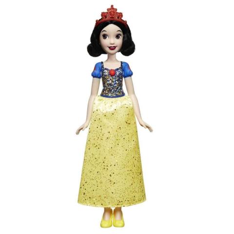 Snow white standing with her hands at her side with dress on and shimmering