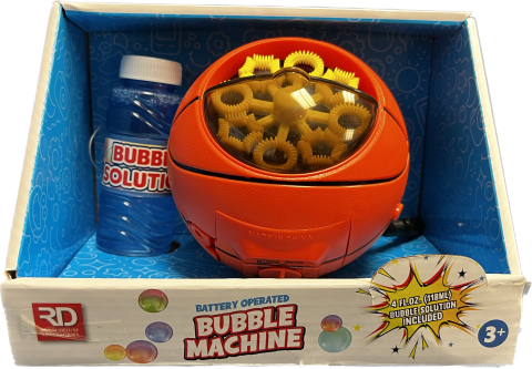 the adapted basketball machine with a bottle of bubbles next to it