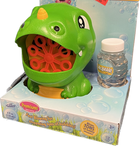 The green dinosaur with an open mouth where the bubbles will come out