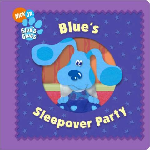 A purple cover with a circle in the middle with blue in pjs laying down and smiling