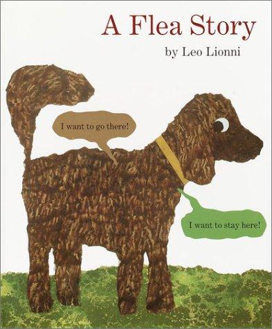 a brown curly hair dog, with a gold collar, looking towards its back at two fleas talking saying "I want to go there!", and  "I want to stay here!"