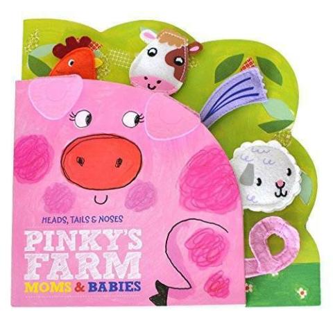 a pig as the main portion of the book cover, with felt animals (chicken, cows, sheep) sticking their heads out from around the pig.