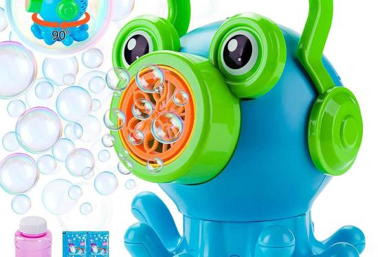 image of octopus bubble machine with bubbles.  image also shows container of bubble solution