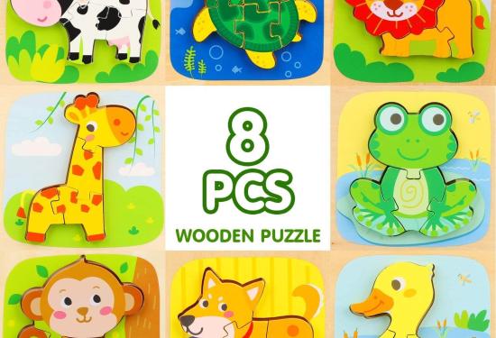 a cow, a turtle, a dog, a monkey, a giraffe, a duck, a lion, and a frog individual puzzle