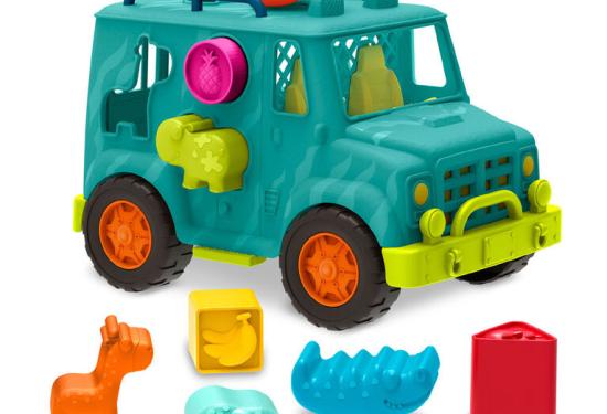 Bright Green/Blue truck with pre-cutout holes that fit the colorful animals and shapes.