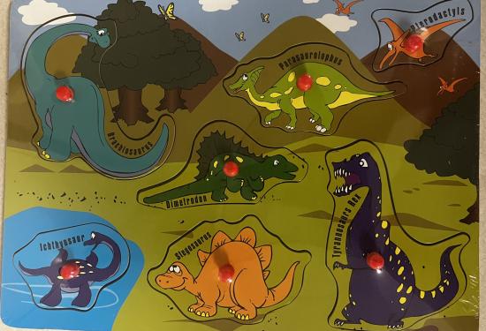 Seven different dinosaurs, that are different colors, sizes, and types, with red pegs for easy pick up.