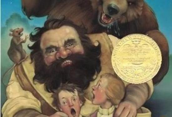 A bear attacking a lumber jack looking man who is holding onto two little boys. 