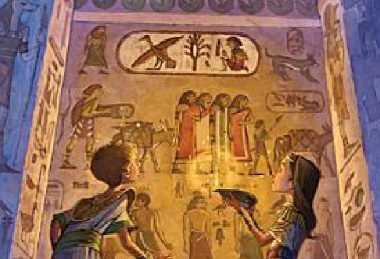 Two young children looking up at tomb walls with hieroglyphs 