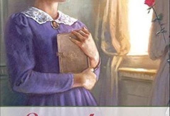 A girl in a purple dress, holding a book to her chest looking out an open window into the distance