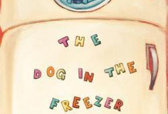 A fridge, with a circular window on the freezer, with a schnauzer or yorkie type dog with x's for eyes, and fridge magnets on the front spelling the book title