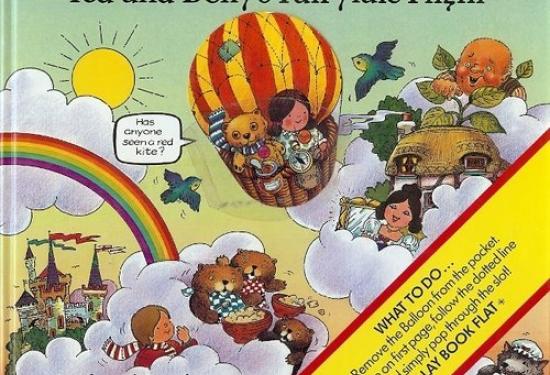 an air balloon in the sky with Dolly and Ted in the basket looking down at characters from common fairytale stories