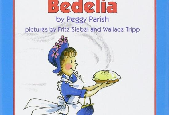 Amelia Bedelia walking holding a pie in front of her with a smile on her face