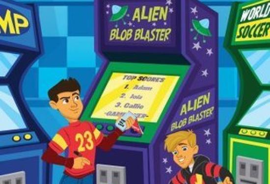 Two young boys next to an arcade game that is title alien blob blaster