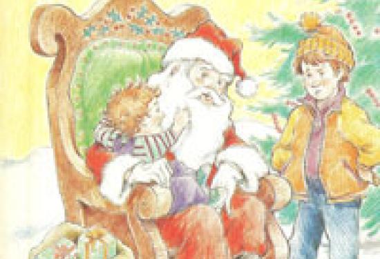 A young child sitting on santa's lap, and a young boy standing next to them with his hands on his hips looking mad