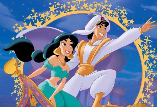 cover is the scene from the movie of Aladdin and Jasmine on the flying carpet and the genie in the corner looking at them