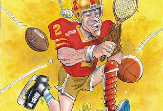 a drawing of a guy in football gear holding a tennis racket with various sports balls being thrown at him