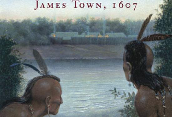 Two native Americans looking through bushes, at across a river where there is a wood settlement