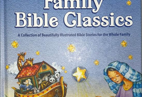 Light blue cover with Noah's ark on water on the left and mary with baby jesus on the right