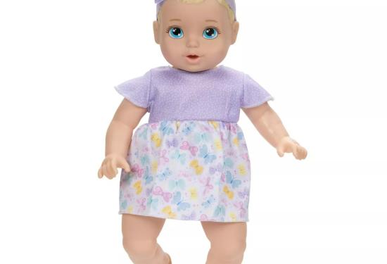 Blond Hair, Blue Eye, Baby Girl in a purple dress with butterfly skirt