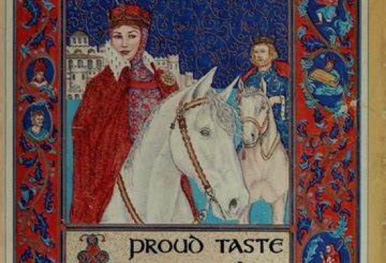 Medieval style art, of a lady in red riding a white horse with a man in the background that is riding a white horse as well