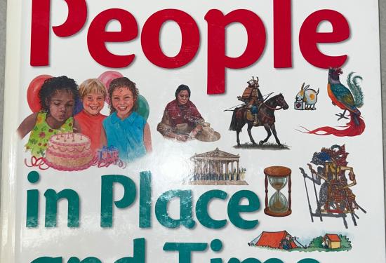 The cover of the book, big text reads "People in Place and Time", with people scattered across the cover