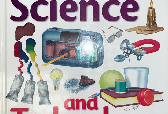 The cover of the book, big text reads "Science and Technology", with items scattered across the cover