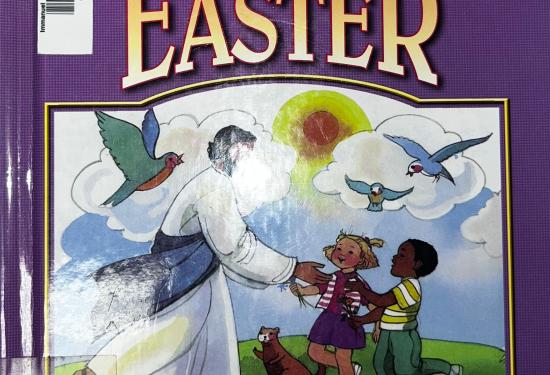 A purple cover with Jesus walking up to a young blond hair girl and a young black haired boy