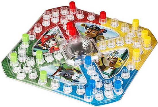 The game board, with four different corners, for four players, circular slots going around the board in a square and in a x where you can insert pegs.