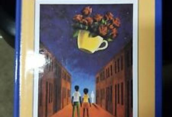 Two african american boys standing in the road between two sets of buildings, with a teacup full of roses in the sky floating