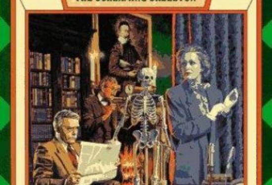 Three men in a library room looking at a skeleton