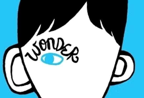 A drawing of a head with only one eye that is blue with the word wonder written above