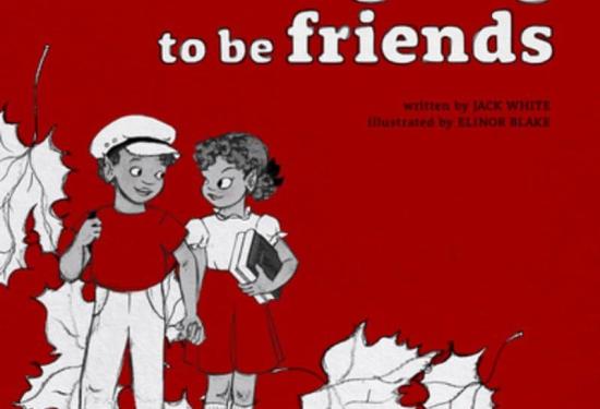 A red cover with two young kids in the bottom left corner